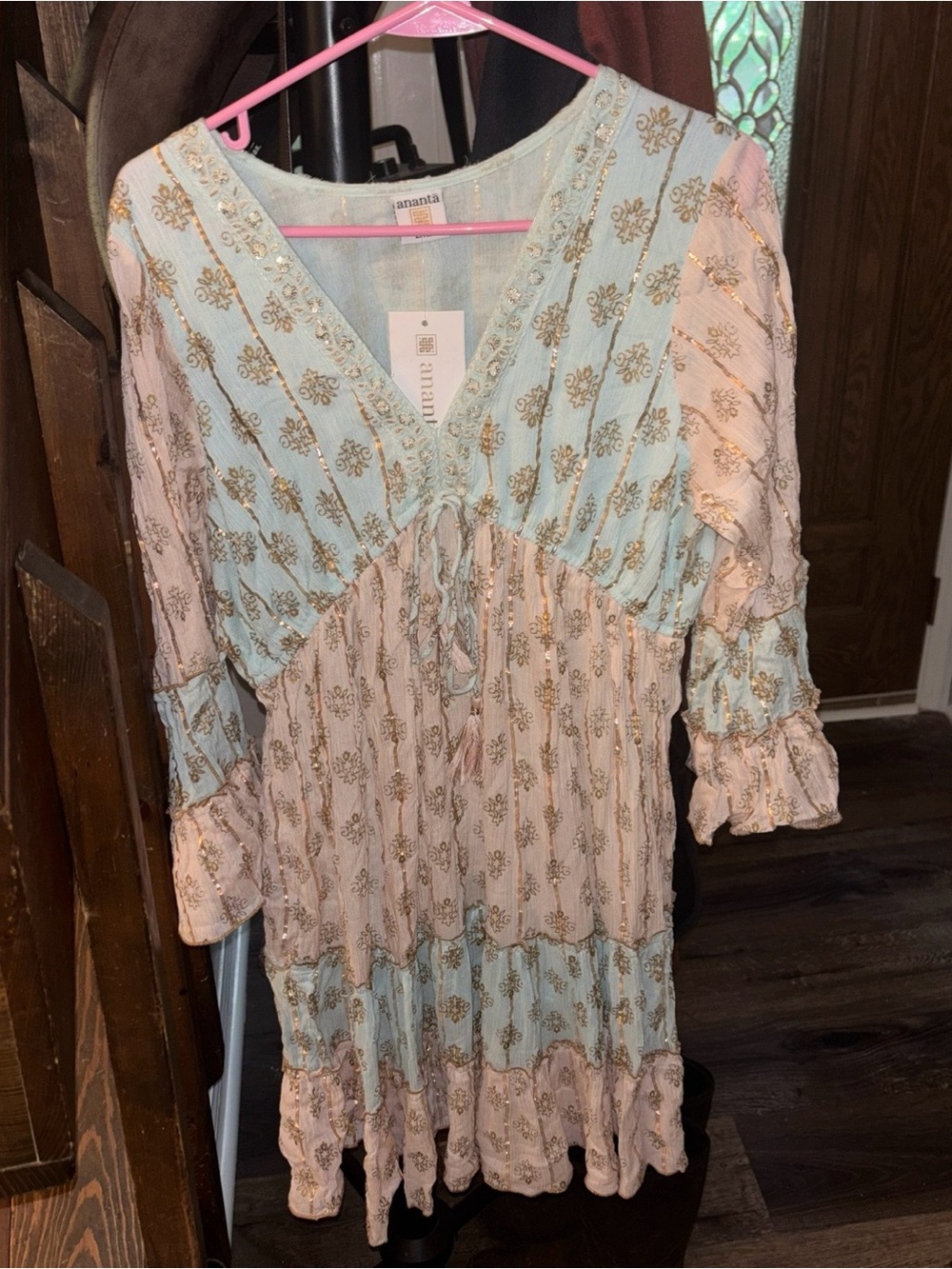 Women’s Light Blue and pink Floral Ruffle Dress